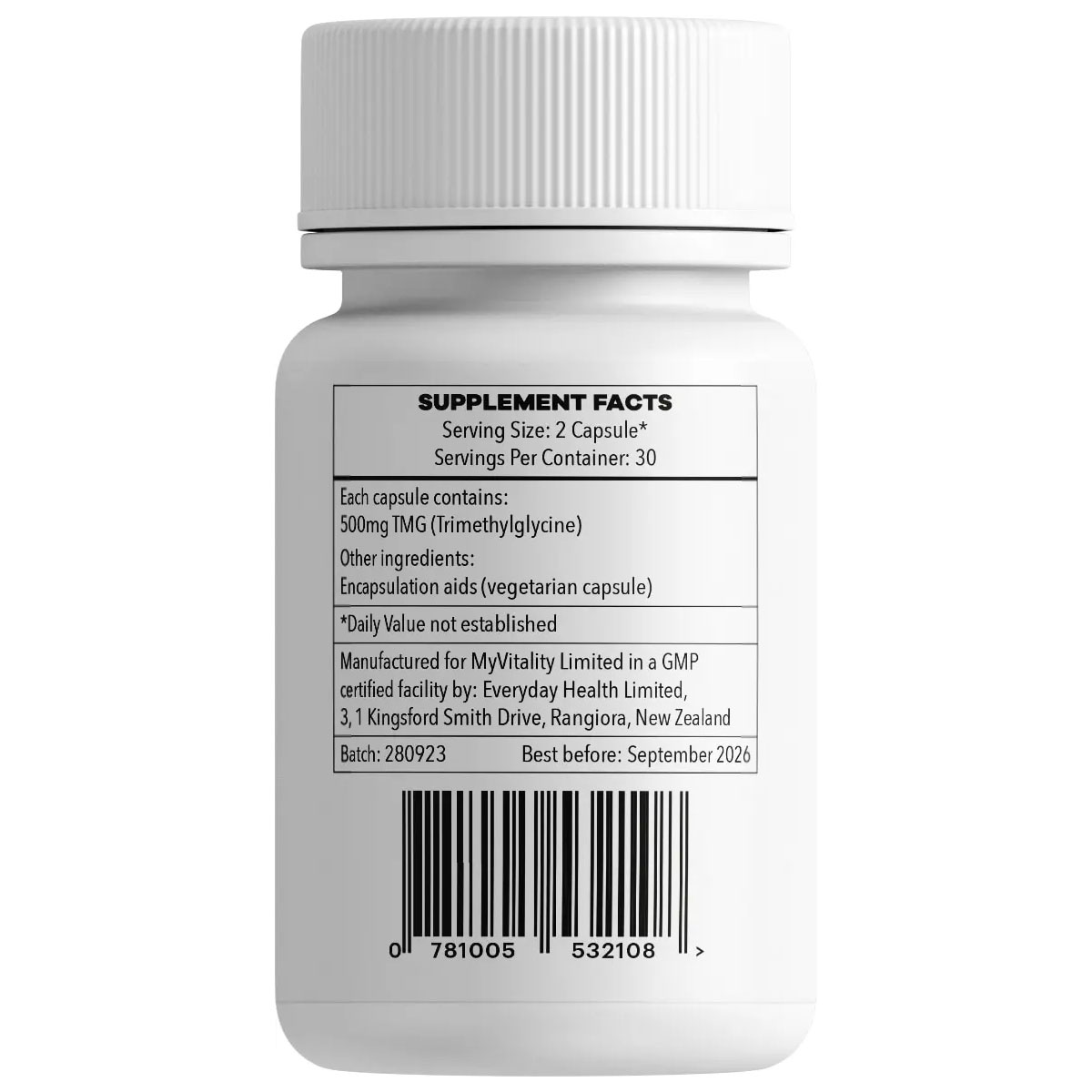 TMG (Trimethylglycine or Betaine) 60 x 500mg Capsules - Image 2